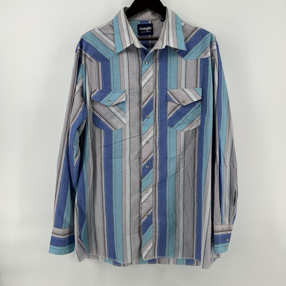 Wrangler Western Shirt Mens 2XT Blue Teal Stripe Pearl Snap Cowboy Tall Rodeo